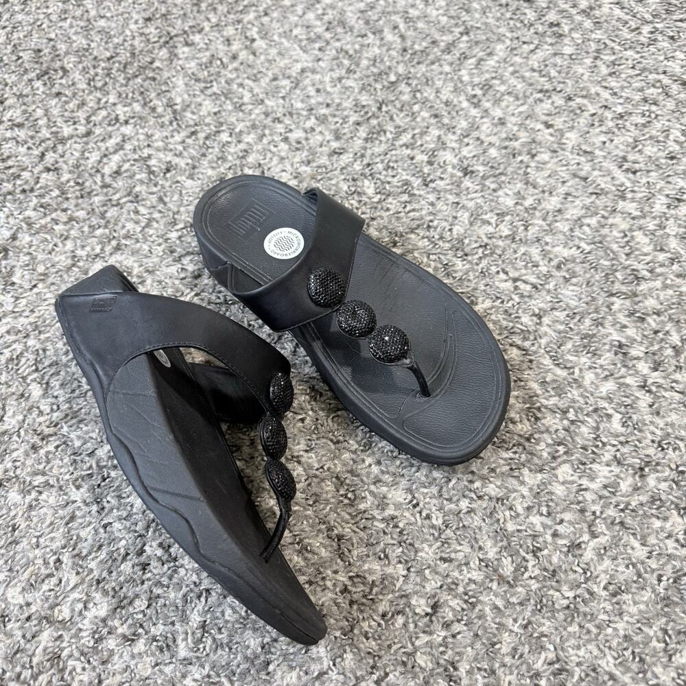 Fitflop Sandals Petra Sugar Jewel Embellished Toe Post Thong Size 7 Black Wedge - Picture 2 of 6